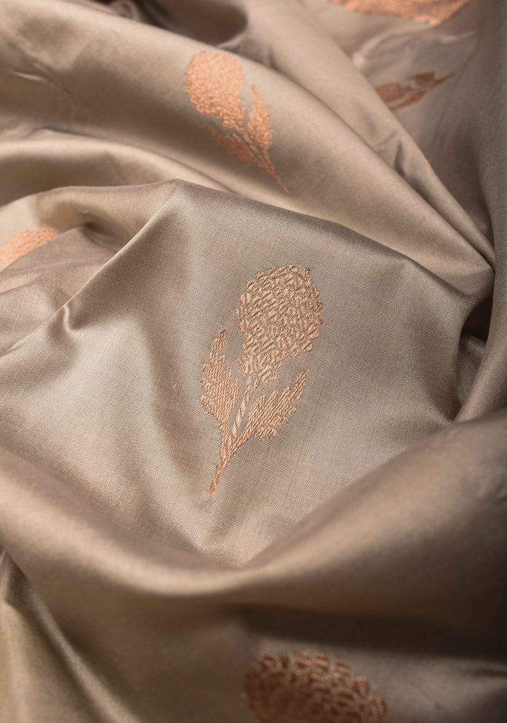 Gray  Banarasi Katan silk saree with Zari Buttas and Contrast Zari Border | SILK MARK CERTIFIED