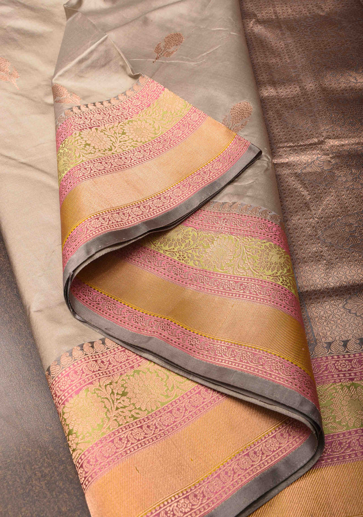 Gray  Banarasi Katan silk saree with Zari Buttas and Contrast Zari Border | SILK MARK CERTIFIED