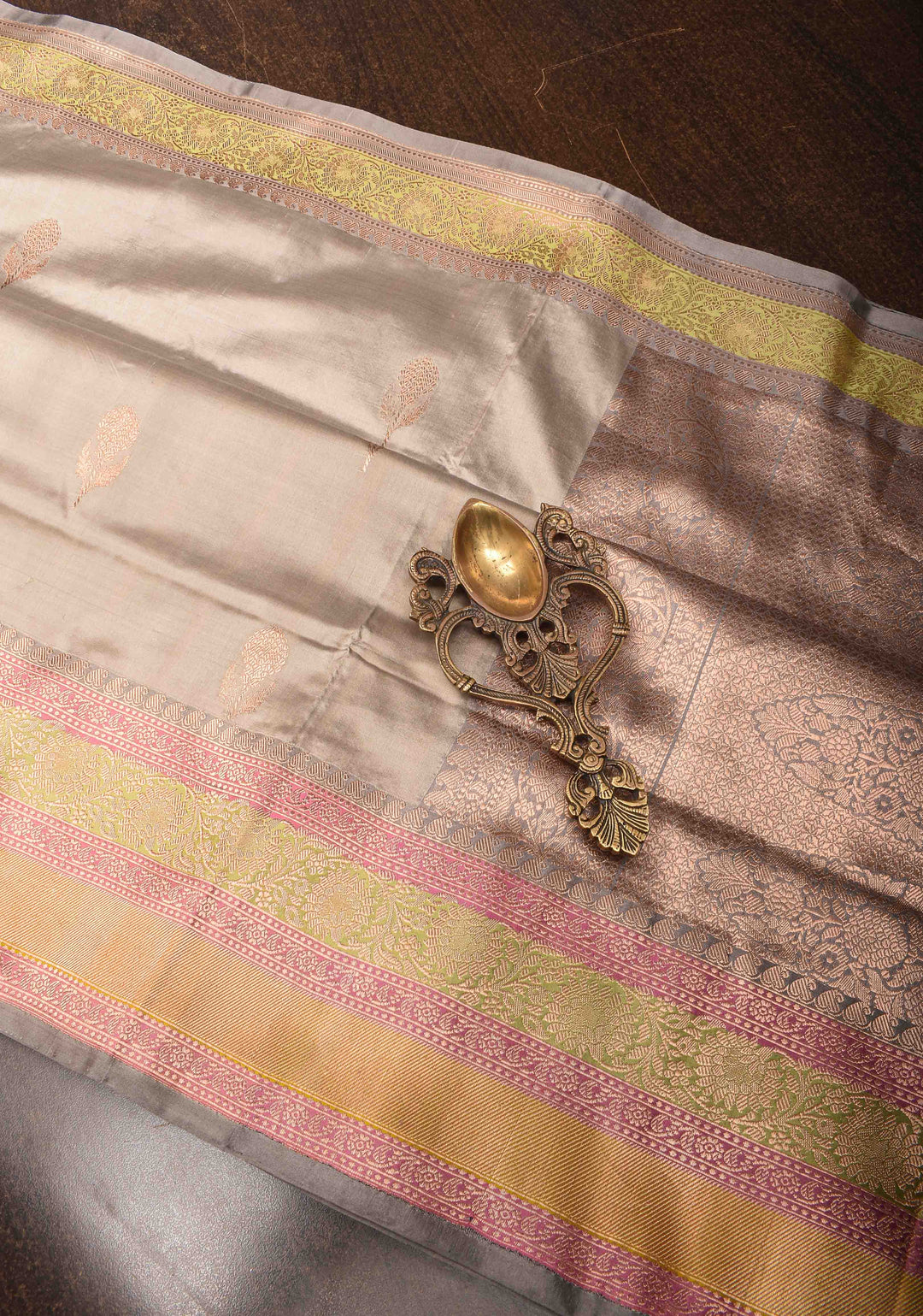 Gray  Banarasi Katan silk saree with Zari Buttas and Contrast Zari Border | SILK MARK CERTIFIED
