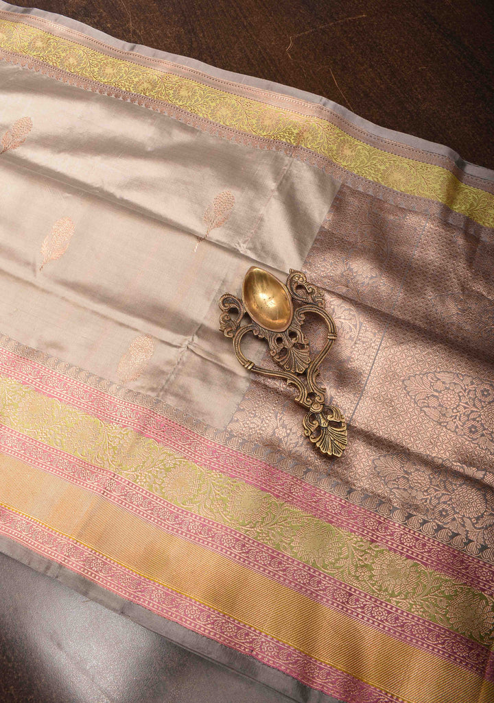 Gray  Banarasi Katan silk saree with Zari Buttas and Contrast Zari Border | SILK MARK CERTIFIED