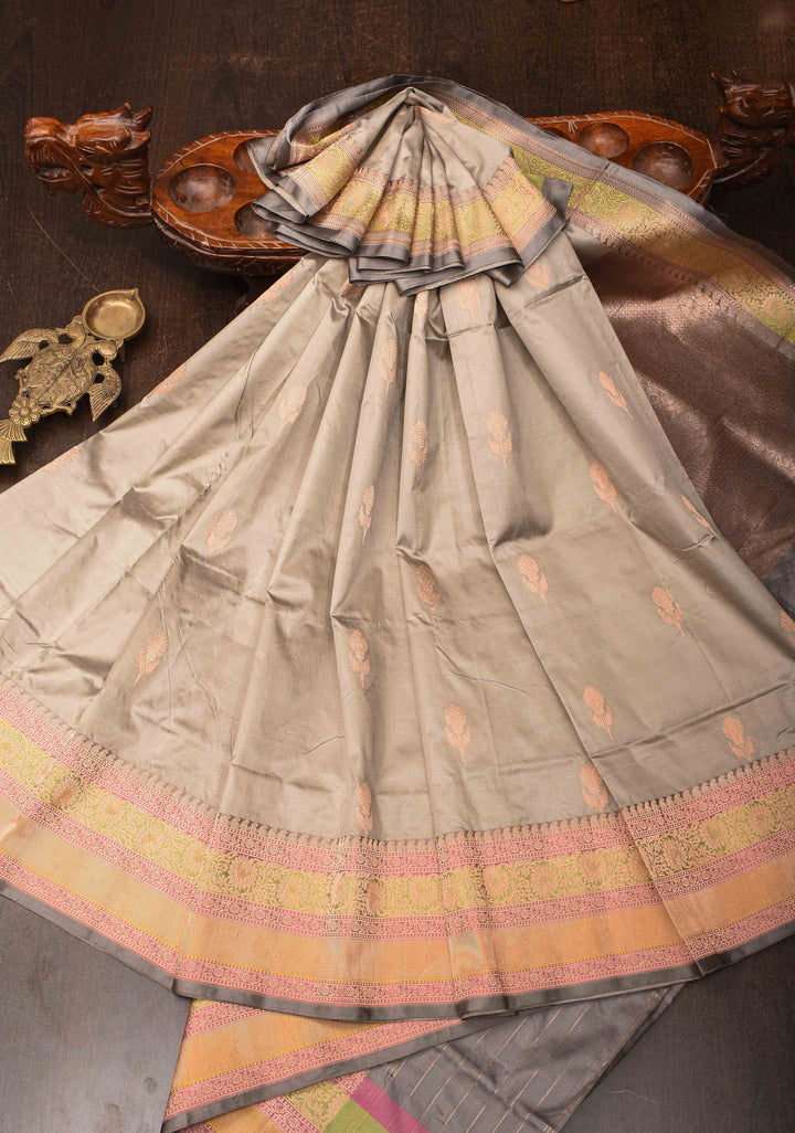 Gray  Banarasi Katan silk saree with Zari Buttas and Contrast Zari Border | SILK MARK CERTIFIED