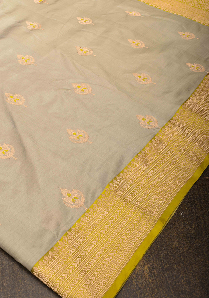 Brownish Grey Banarasi Light Weight Katan silk saree with Meenakari Resham Buttas and Contrast Zari Border | SILK MARK CERTIFIED