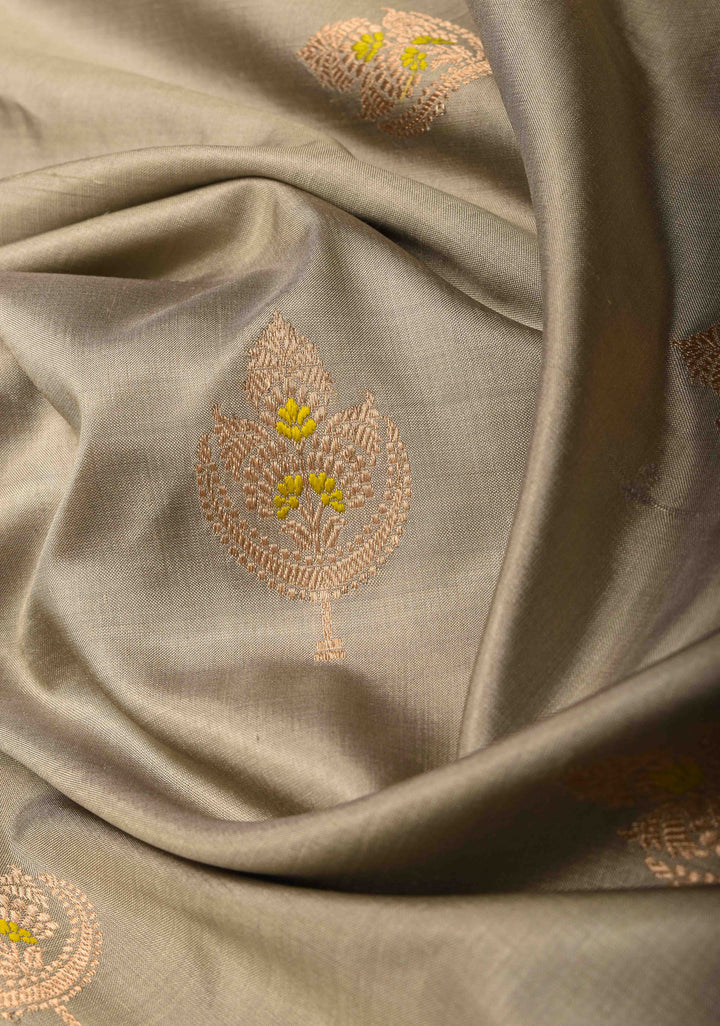 Brownish Grey Banarasi Light Weight Katan silk saree with Meenakari Resham Buttas and Contrast Zari Border | SILK MARK CERTIFIED