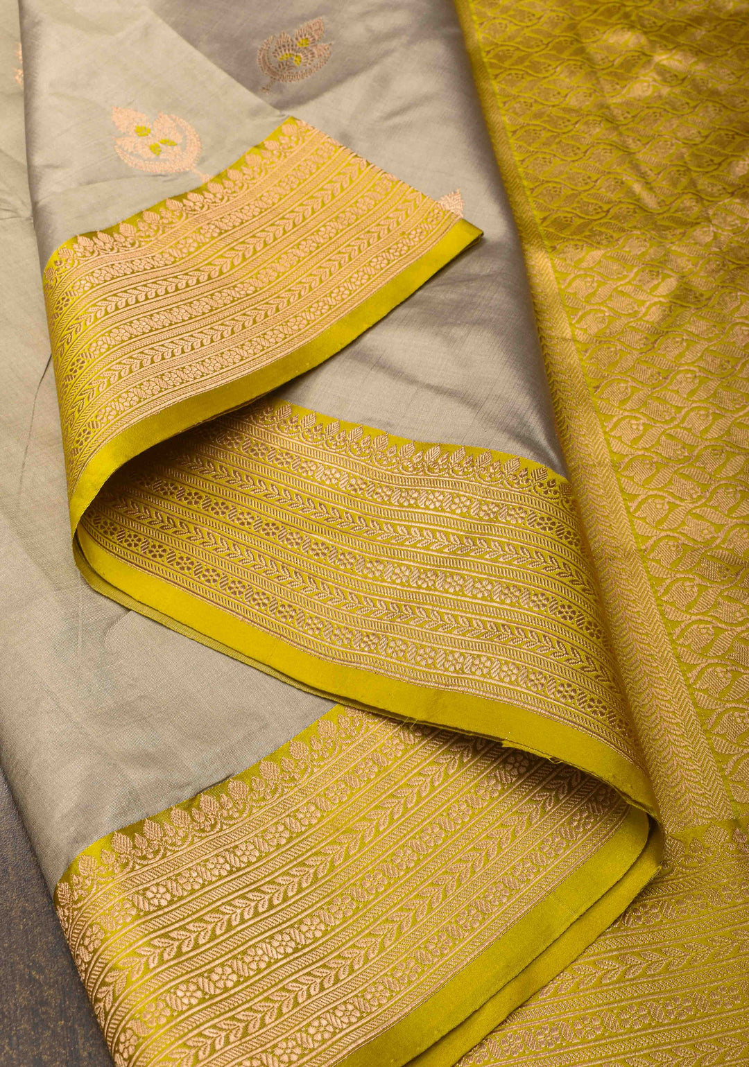 Brownish Grey Banarasi Light Weight Katan silk saree with Meenakari Resham Buttas and Contrast Zari Border | SILK MARK CERTIFIED