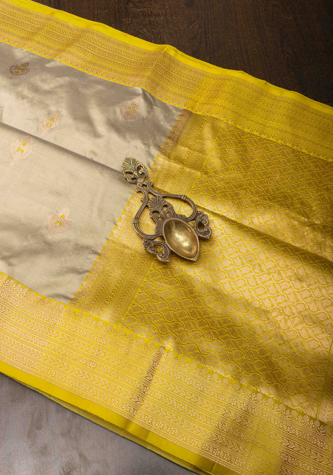 Brownish Grey Banarasi Light Weight Katan silk saree with Meenakari Resham Buttas and Contrast Zari Border | SILK MARK CERTIFIED