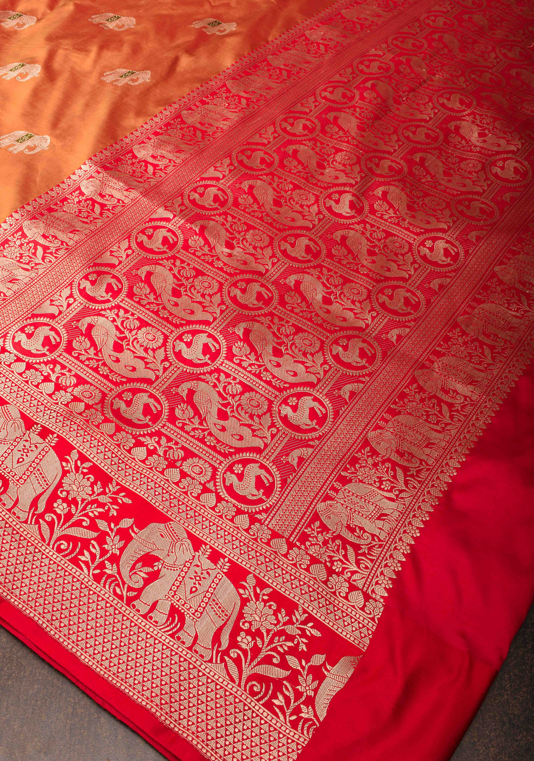 Burnt Orange dual tone Banarasi Katan silk saree with Meenakari Elephant Buttas and Zari Border | SILK MARK CERTIFIED