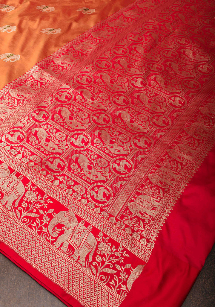 Burnt Orange dual tone Banarasi Katan silk saree with Meenakari Elephant Buttas and Zari Border | SILK MARK CERTIFIED