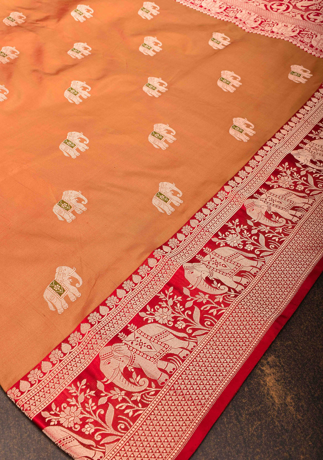 Burnt Orange dual tone Banarasi Katan silk saree with Meenakari Elephant Buttas and Zari Border | SILK MARK CERTIFIED