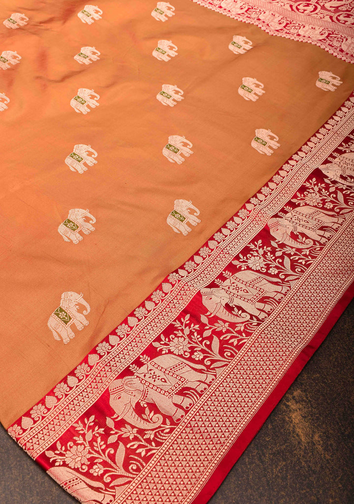 Burnt Orange dual tone Banarasi Katan silk saree with Meenakari Elephant Buttas and Zari Border | SILK MARK CERTIFIED