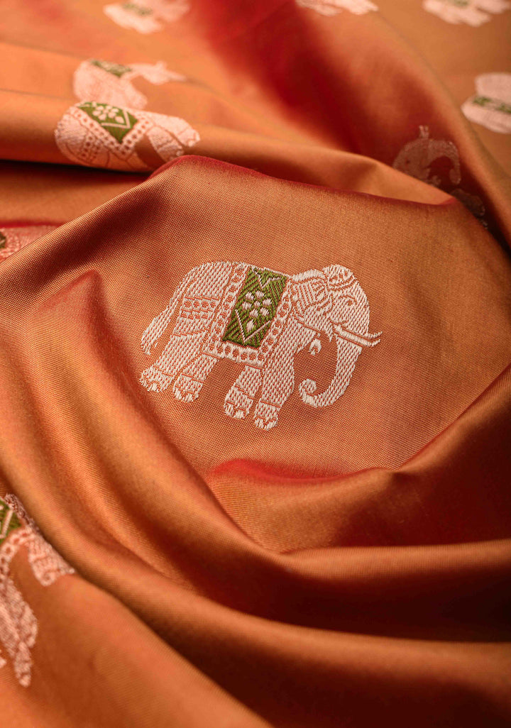 Burnt Orange dual tone Banarasi Katan silk saree with Meenakari Elephant Buttas and Zari Border | SILK MARK CERTIFIED