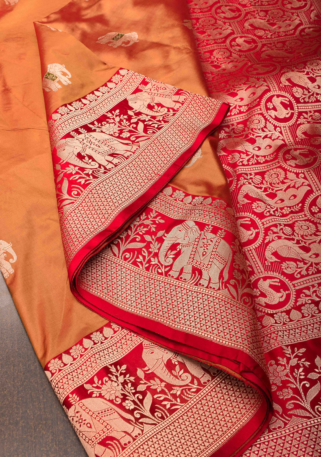 Burnt Orange dual tone Banarasi Katan silk saree with Meenakari Elephant Buttas and Zari Border | SILK MARK CERTIFIED