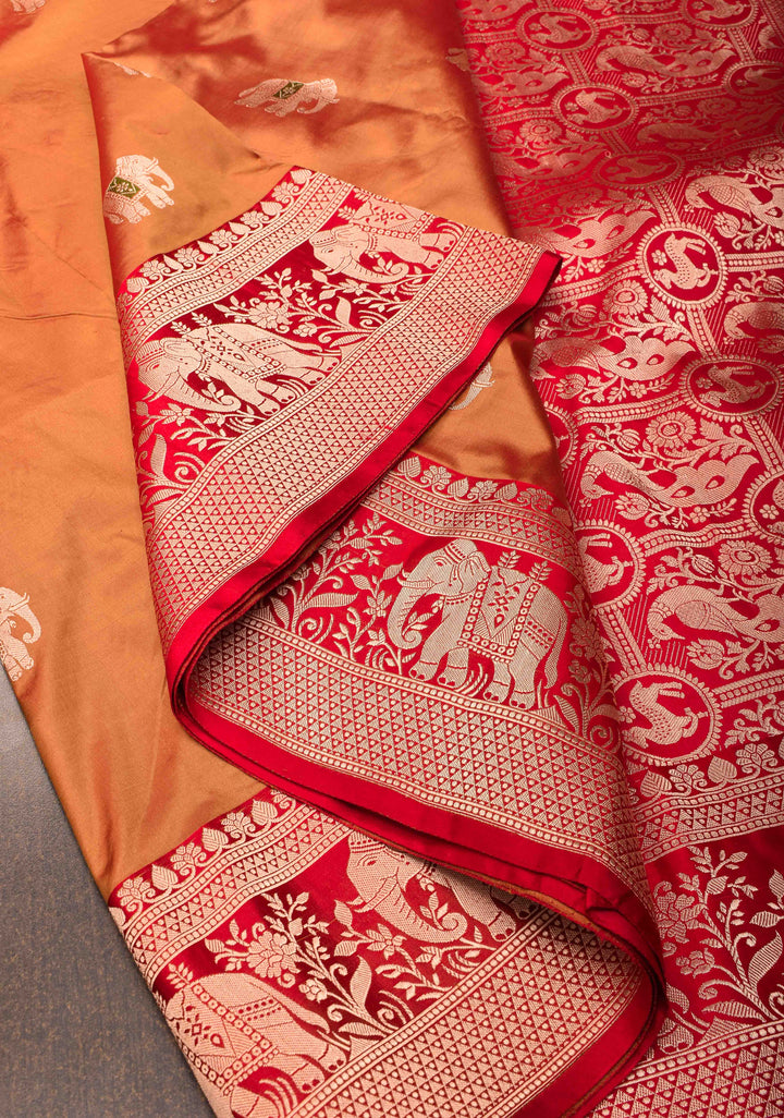 Burnt Orange dual tone Banarasi Katan silk saree with Meenakari Elephant Buttas and Zari Border | SILK MARK CERTIFIED