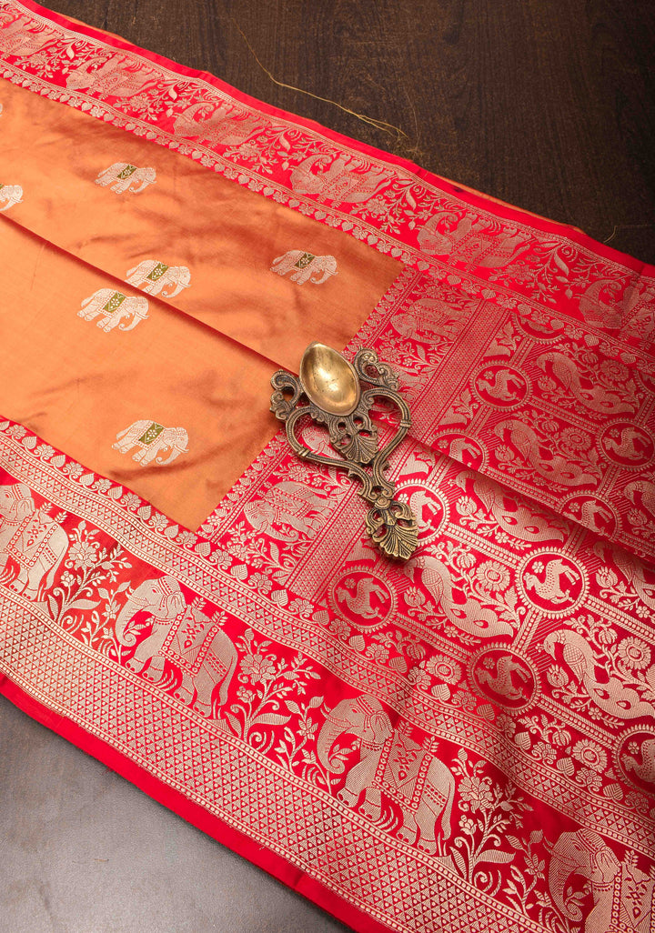 Burnt Orange dual tone Banarasi Katan silk saree with Meenakari Elephant Buttas and Zari Border | SILK MARK CERTIFIED