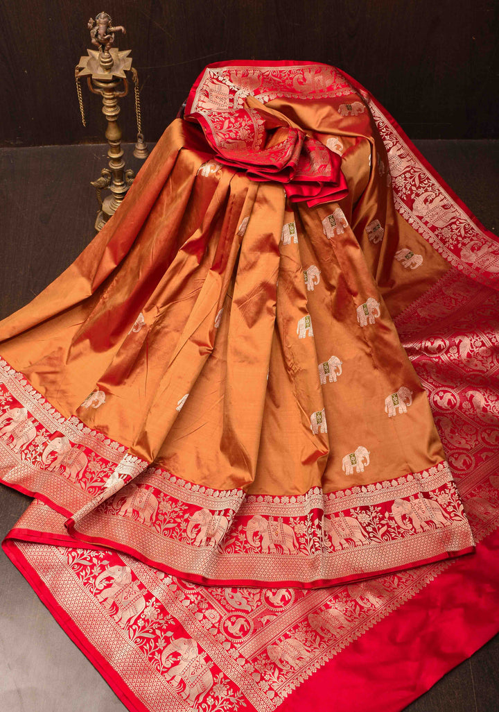 Burnt Orange dual tone Banarasi Katan silk saree with Meenakari Elephant Buttas and Zari Border | SILK MARK CERTIFIED