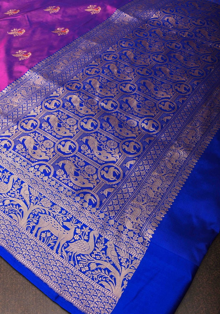 Warm Purple Dual Tone With  Peacock Meenakari Butta Katan Silk Saree with Contrast Shikaargah Border | Silk Mark Certified