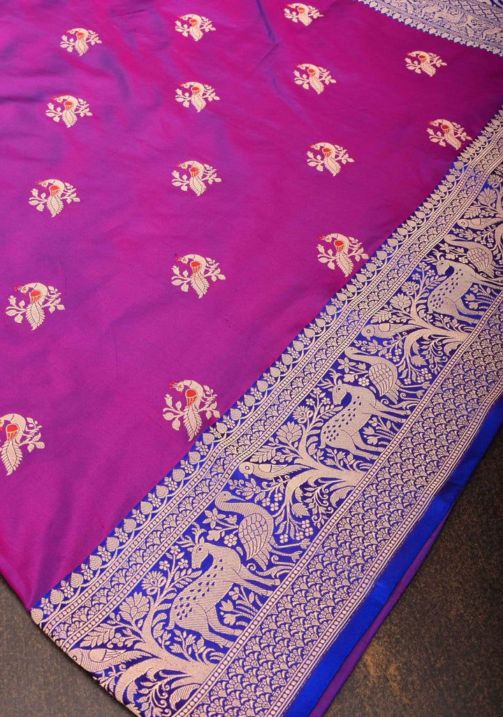Warm Purple Dual Tone With  Peacock Meenakari Butta Katan Silk Saree with Contrast Shikaargah Border | Silk Mark Certified