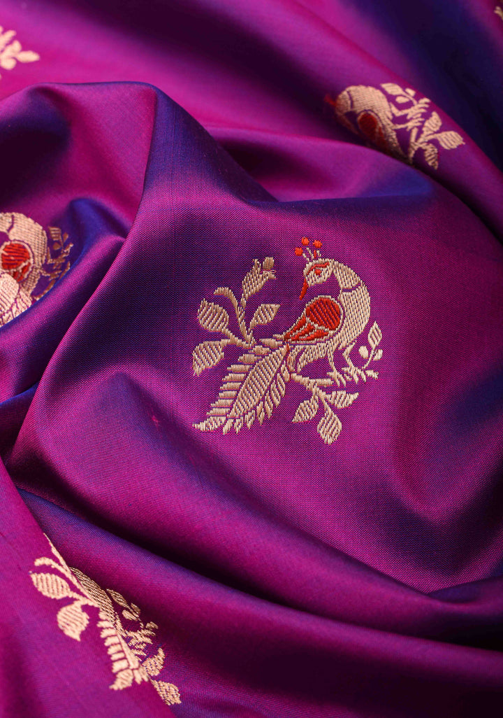 Warm Purple Dual Tone With  Peacock Meenakari Butta Katan Silk Saree with Contrast Shikaargah Border | Silk Mark Certified