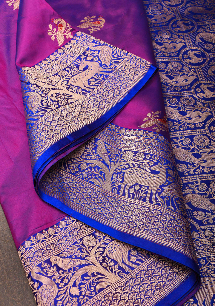 Warm Purple Dual Tone With  Peacock Meenakari Butta Katan Silk Saree with Contrast Shikaargah Border | Silk Mark Certified