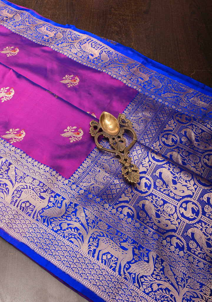 Warm Purple Dual Tone With  Peacock Meenakari Butta Katan Silk Saree with Contrast Shikaargah Border | Silk Mark Certified