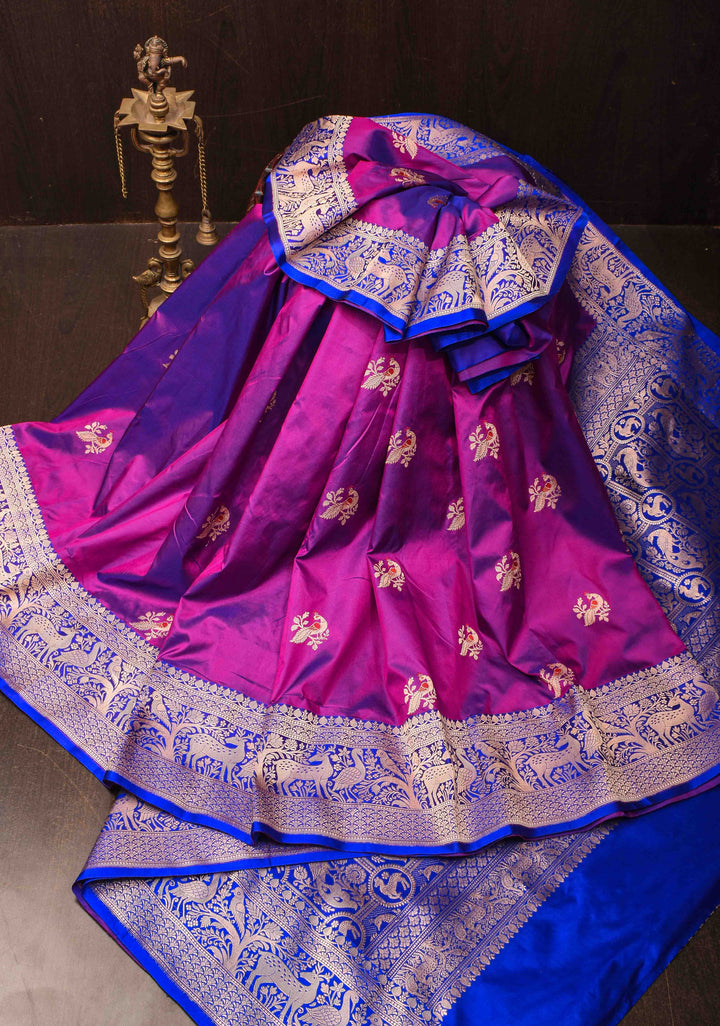 Warm Purple Dual Tone With  Peacock Meenakari Butta Katan Silk Saree with Contrast Shikaargah Border | Silk Mark Certified