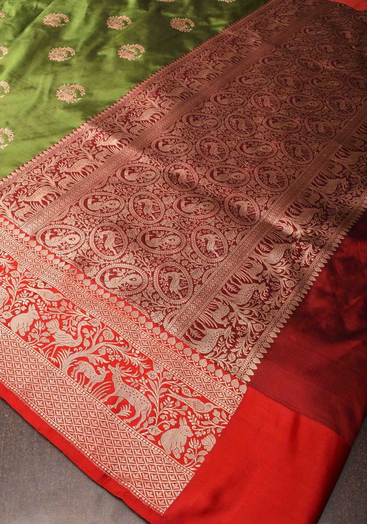 Henna Green Leaping Deer Meenakari Butta Katan Silk Saree with Contrast Shikaargah Border | Silk Mark Certified