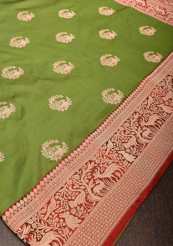 Henna Green Leaping Deer Meenakari Butta Katan Silk Saree with Contrast Shikaargah Border | Silk Mark Certified