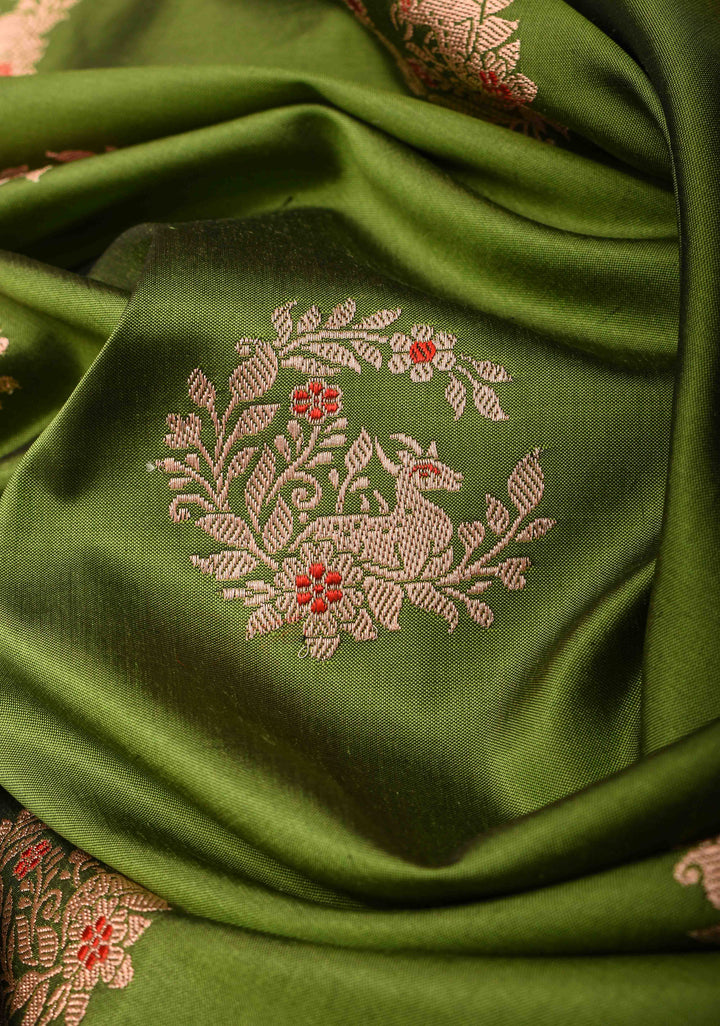 Henna Green Leaping Deer Meenakari Butta Katan Silk Saree with Contrast Shikaargah Border | Silk Mark Certified