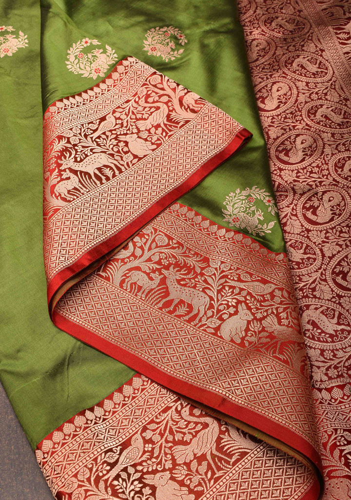 Henna Green Leaping Deer Meenakari Butta Katan Silk Saree with Contrast Shikaargah Border | Silk Mark Certified