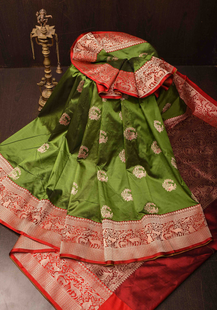 Henna Green Leaping Deer Meenakari Butta Katan Silk Saree with Contrast Shikaargah Border | Silk Mark Certified