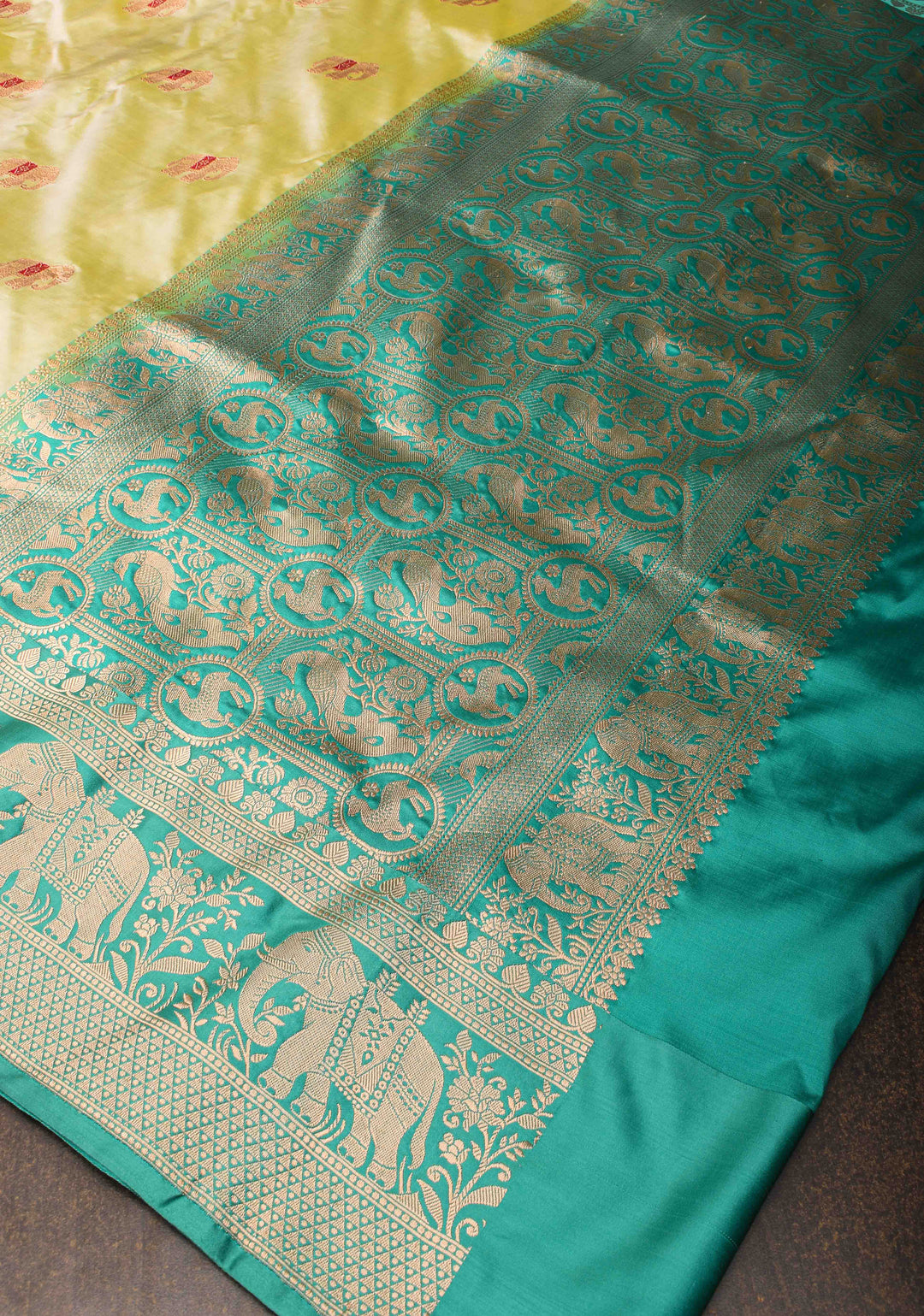 Dewy Green Banarasi Katan silk saree with Meenakari Elephant Buttas and Zari Border | SILK MARK CERTIFIED