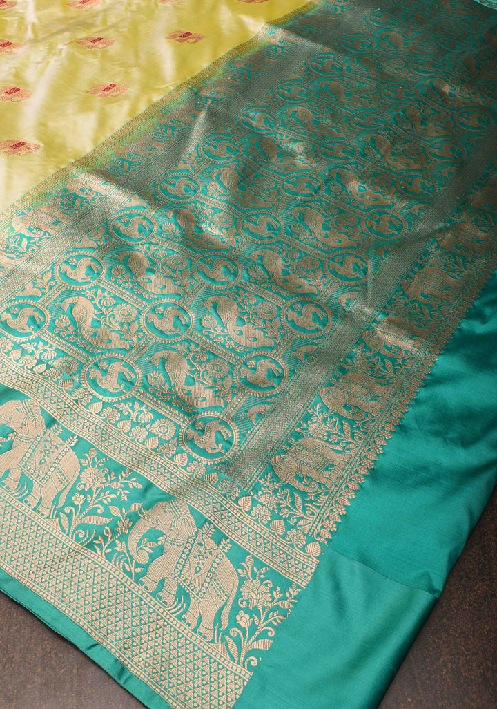 Dewy Green Banarasi Katan silk saree with Meenakari Elephant Buttas and Zari Border | SILK MARK CERTIFIED