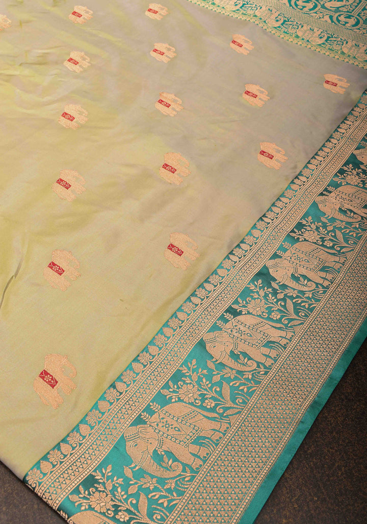 Dewy Green Banarasi Katan silk saree with Meenakari Elephant Buttas and Zari Border | SILK MARK CERTIFIED