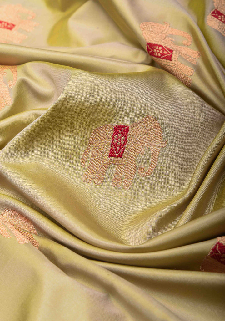 Dewy Green Banarasi Katan silk saree with Meenakari Elephant Buttas and Zari Border | SILK MARK CERTIFIED