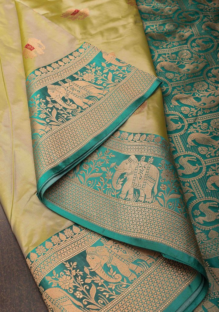 Dewy Green Banarasi Katan silk saree with Meenakari Elephant Buttas and Zari Border | SILK MARK CERTIFIED