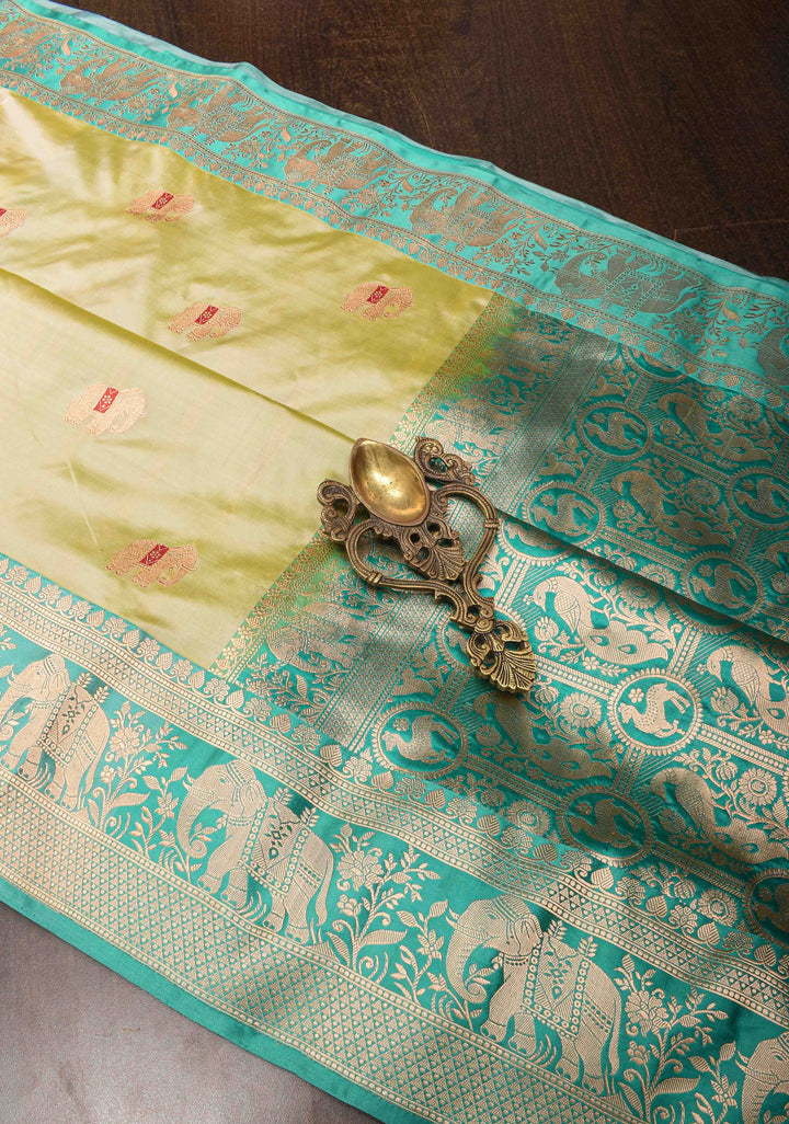 Dewy Green Banarasi Katan silk saree with Meenakari Elephant Buttas and Zari Border | SILK MARK CERTIFIED