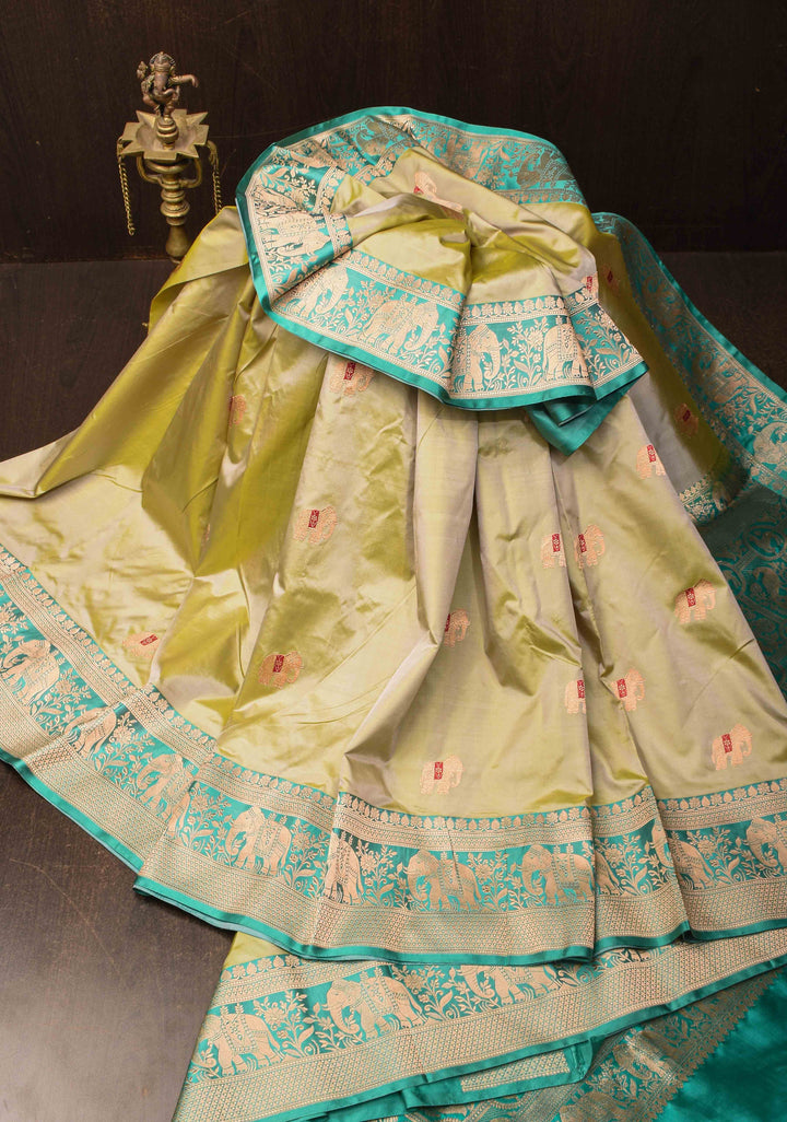 Dewy Green Banarasi Katan silk saree with Meenakari Elephant Buttas and Zari Border | SILK MARK CERTIFIED