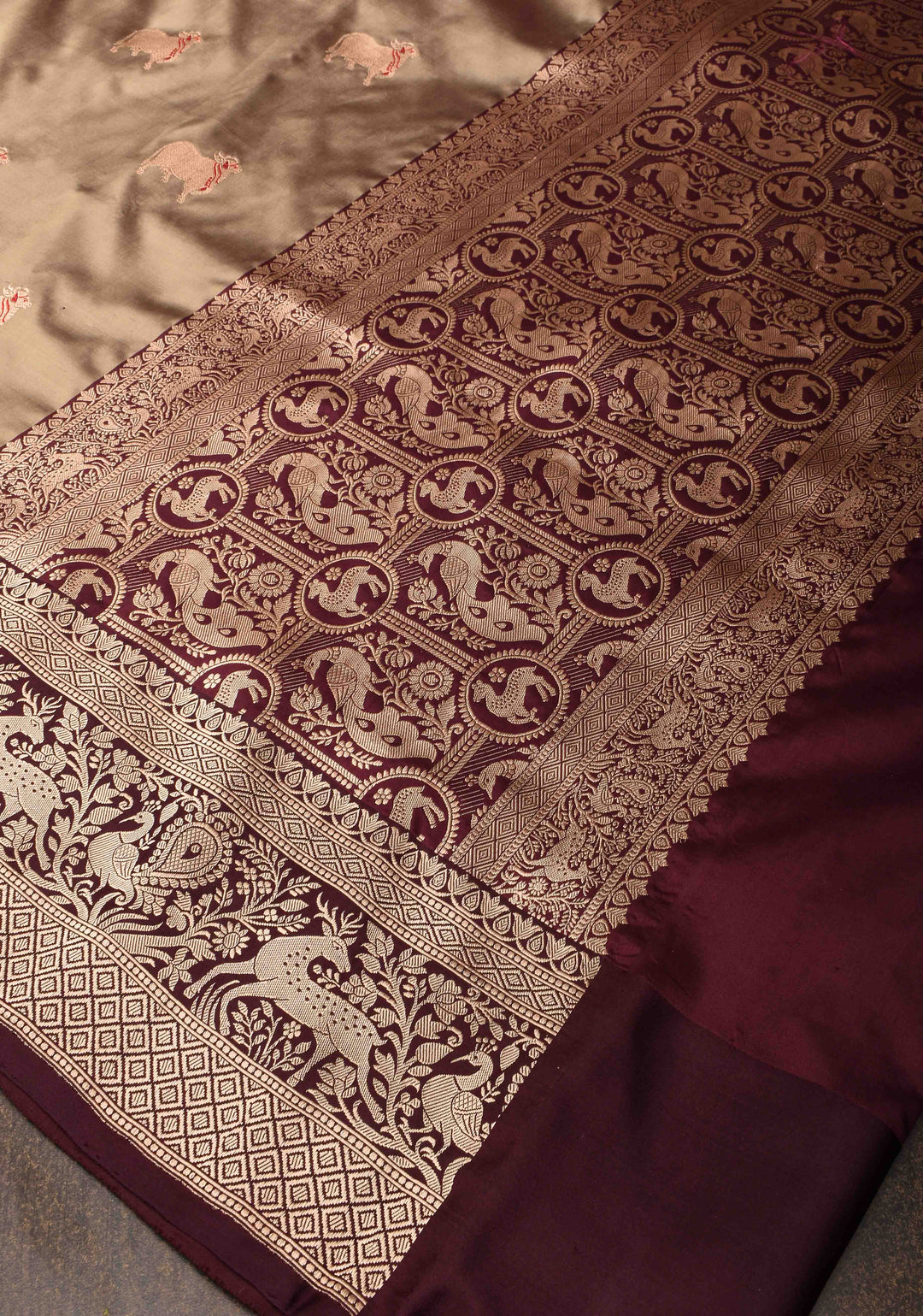 French Beige Pichwai Meenakari Butta Katan Silk Saree with Contrast Shikaargah Border | Silk Mark Certified