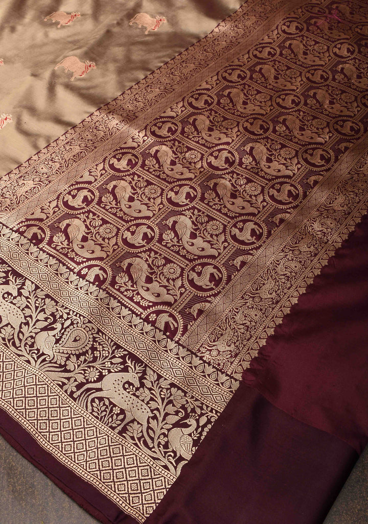 French Beige Pichwai Meenakari Butta Katan Silk Saree with Contrast Shikaargah Border | Silk Mark Certified