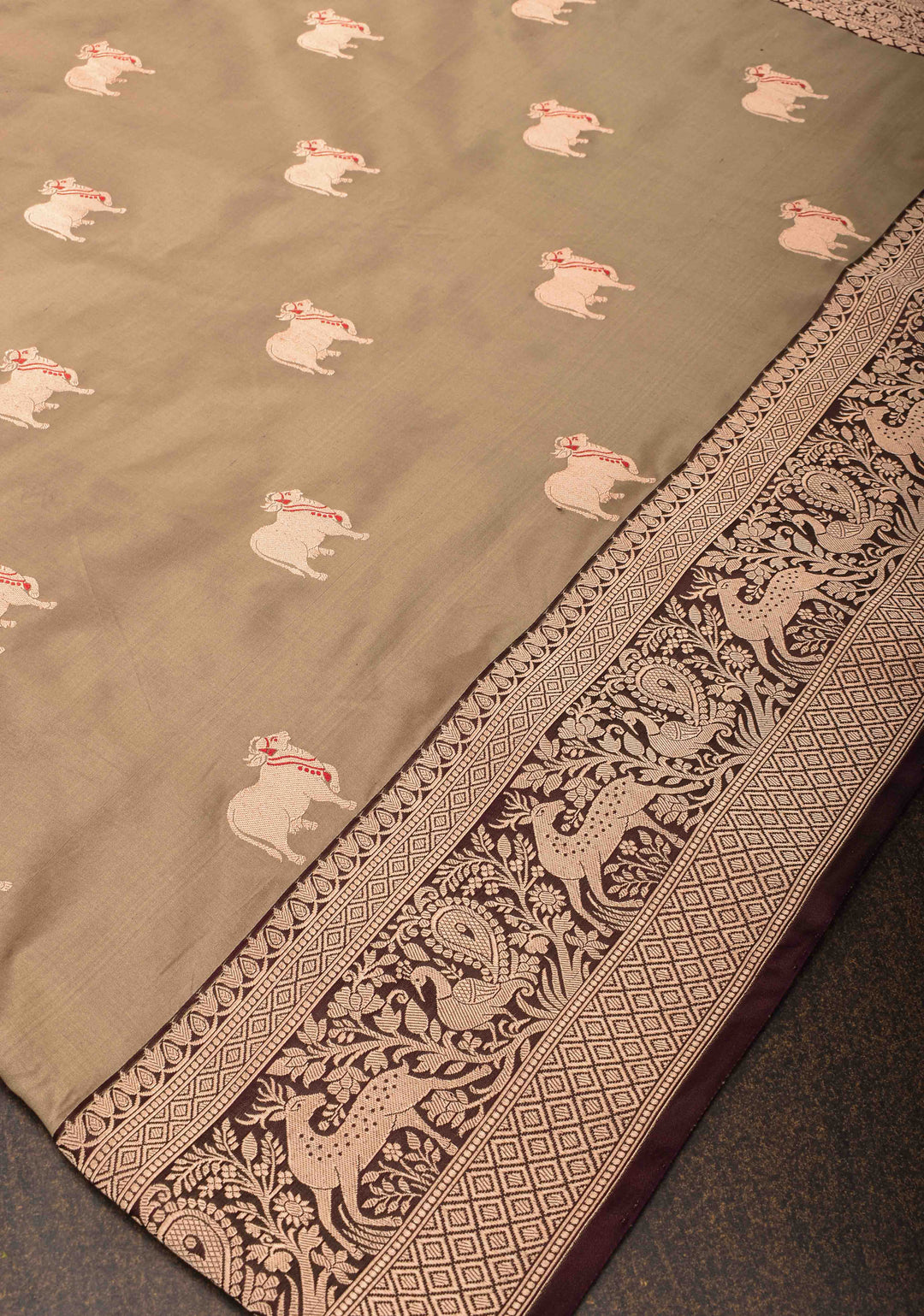 French Beige Pichwai Meenakari Butta Katan Silk Saree with Contrast Shikaargah Border | Silk Mark Certified