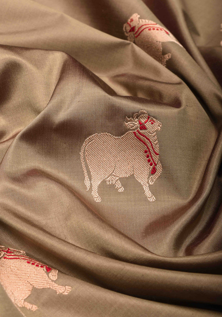 French Beige Pichwai Meenakari Butta Katan Silk Saree with Contrast Shikaargah Border | Silk Mark Certified
