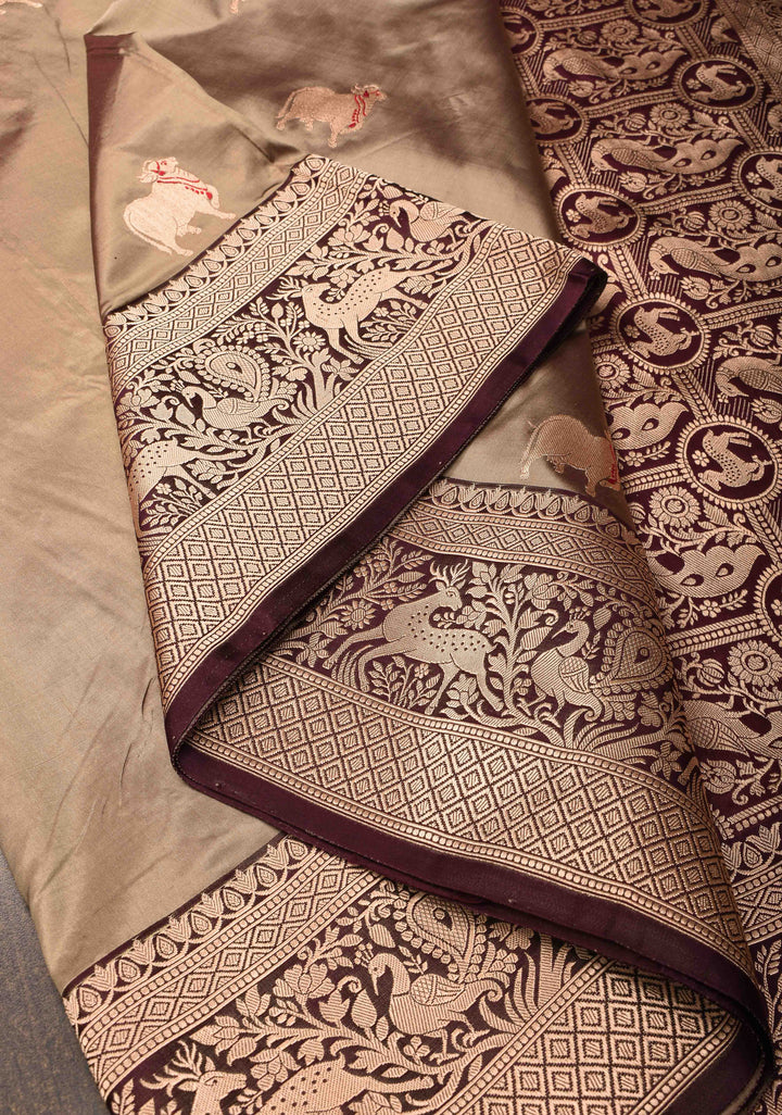 French Beige Pichwai Meenakari Butta Katan Silk Saree with Contrast Shikaargah Border | Silk Mark Certified