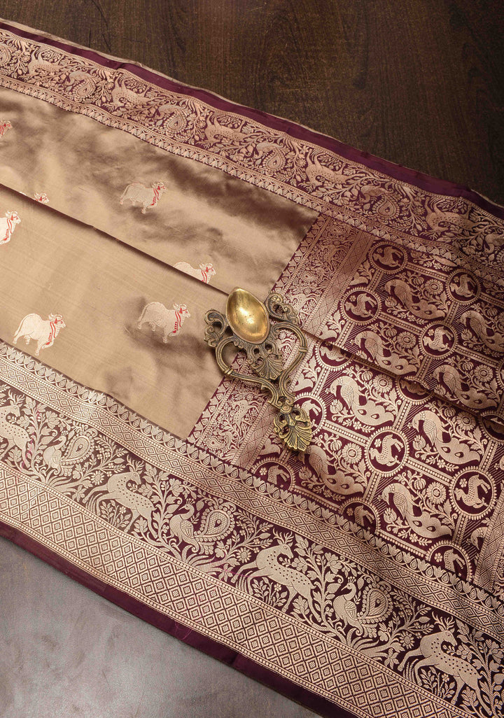 French Beige Pichwai Meenakari Butta Katan Silk Saree with Contrast Shikaargah Border | Silk Mark Certified