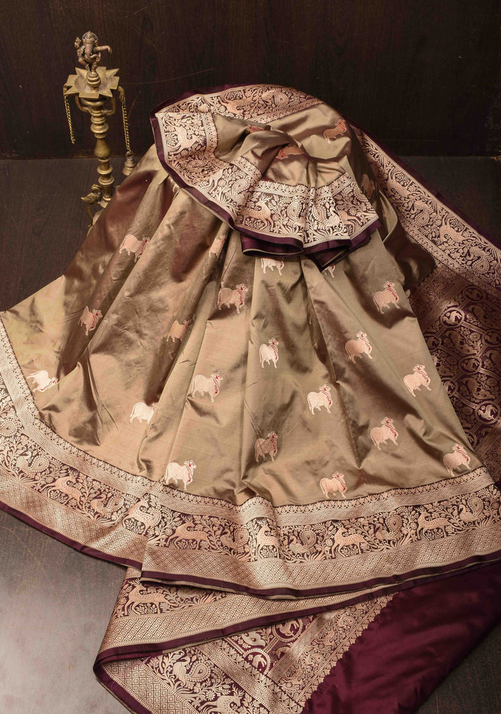 French Beige Pichwai Meenakari Butta Katan Silk Saree with Contrast Shikaargah Border | Silk Mark Certified