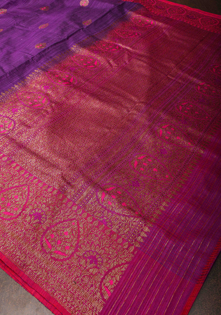 Pure Banarasi Meenakari  Dupion Silk Saree in Purple with Antique Buttas and Border | SILK MARK CERTIFIED