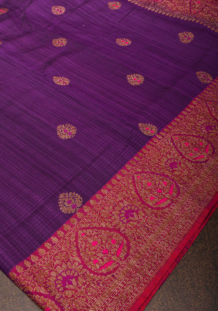 Pure Banarasi Meenakari  Dupion Silk Saree in Purple with Antique Buttas and Border | SILK MARK CERTIFIED