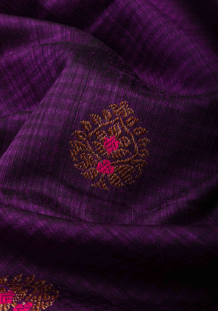 Pure Banarasi Meenakari  Dupion Silk Saree in Purple with Antique Buttas and Border | SILK MARK CERTIFIED