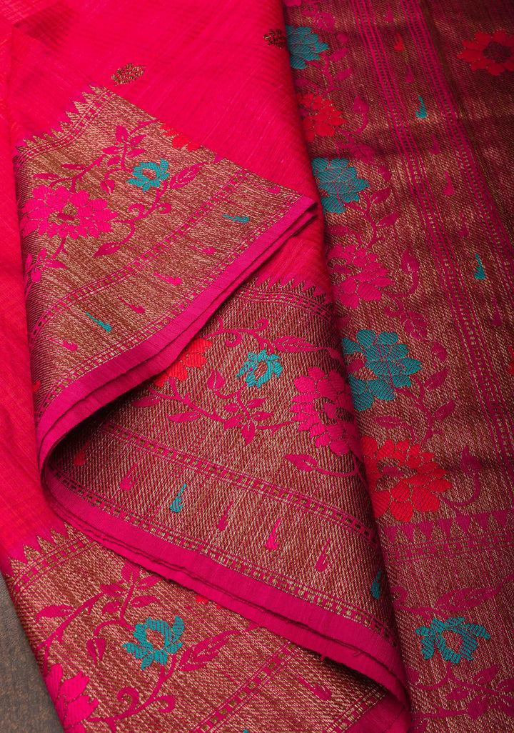 Banarasi Dupion Silk Saree in Hot Pink with Antique meenakari buttas and Border  | SILK MARK CERTIFIED