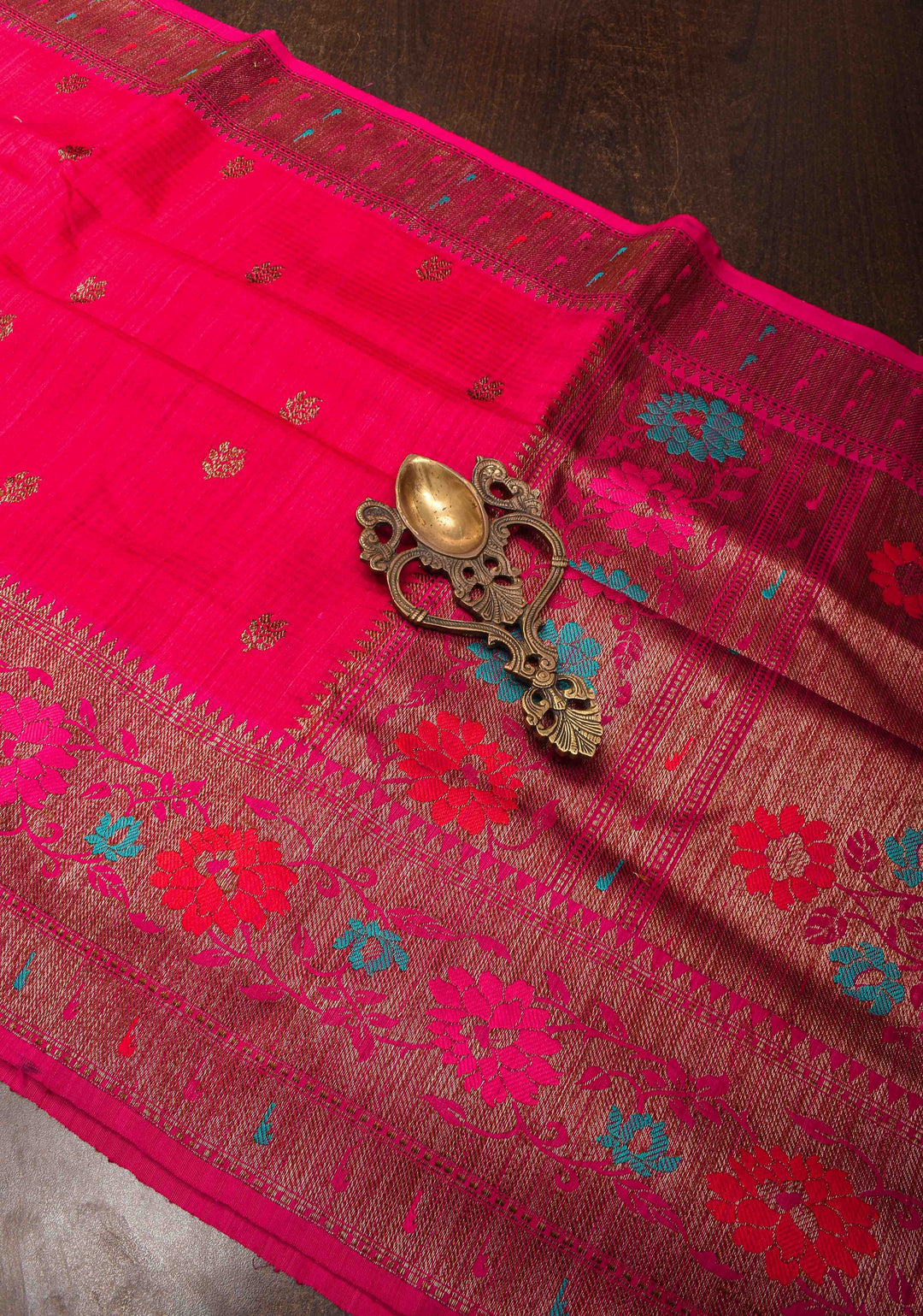 Banarasi Dupion Silk Saree in Hot Pink with Antique meenakari buttas and Border  | SILK MARK CERTIFIED