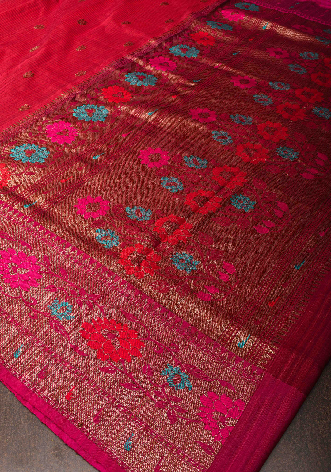 Pure Banarasi Dupion Silk Saree in Red with Antique Zari Buttas and Resham Meenakari Border | SILK MARK CERTIFIED