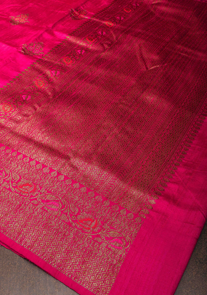 Raspberry Pink  Banarasi Raw Silk Saree with Antique Zari FLoral Buttas and Border | SILK MARK CERTIFIED